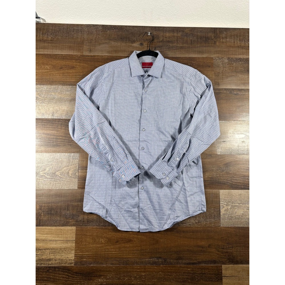 Alfani Performance Fitted Shirt Mens 15 32-33 Blue White Micro Check Easy Care
